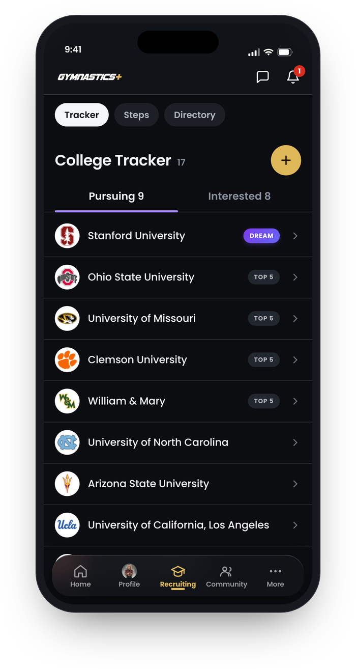 Gymnastics Plus mobile app College Tracker